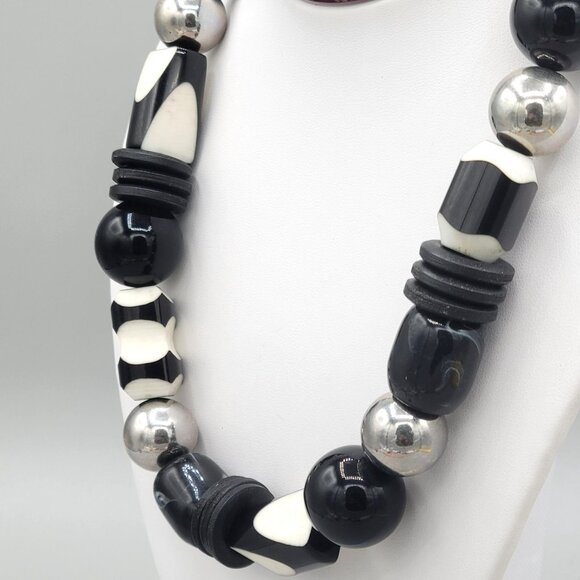 Black and White Large Bead Boho Necklace Black Cord Silver Ball Spacers - Picture 3 of 7